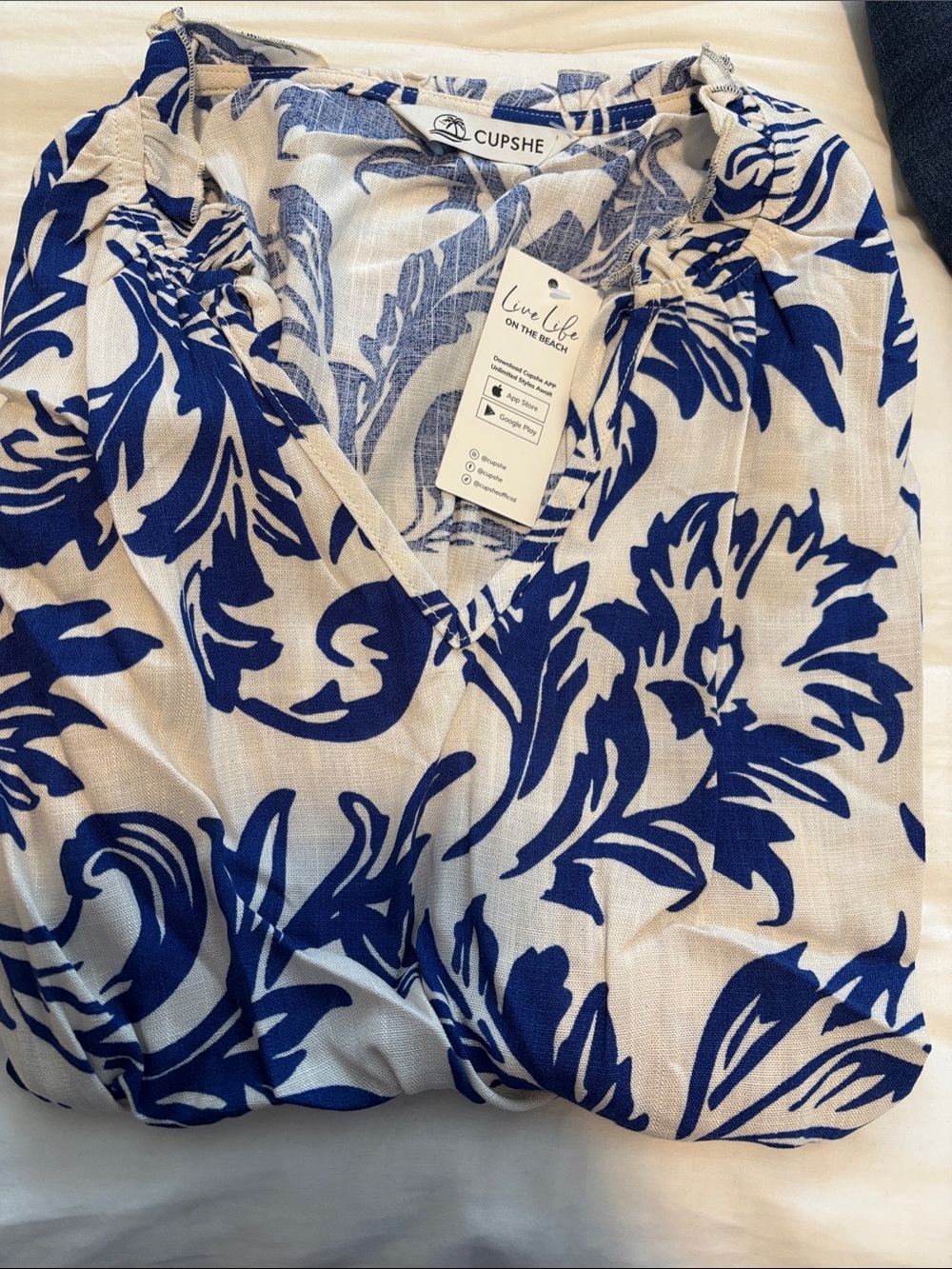 Cupshe White Dress with Bold Blue Floral Print